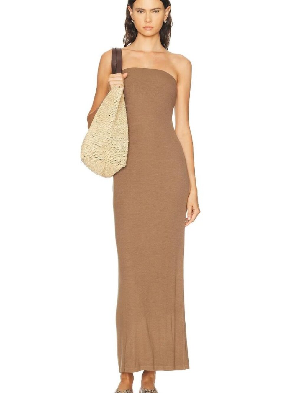 Enza Costa Taupe Olive Ribbed Strapless Maxi Dress Fits S/M
